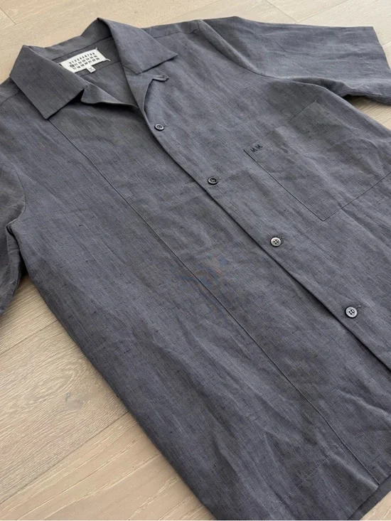 Maison Margiela Men’s Blue/Gray Linen Short Sleeve Tab Collar Shirt - Size 39 - Picture 6 of 8